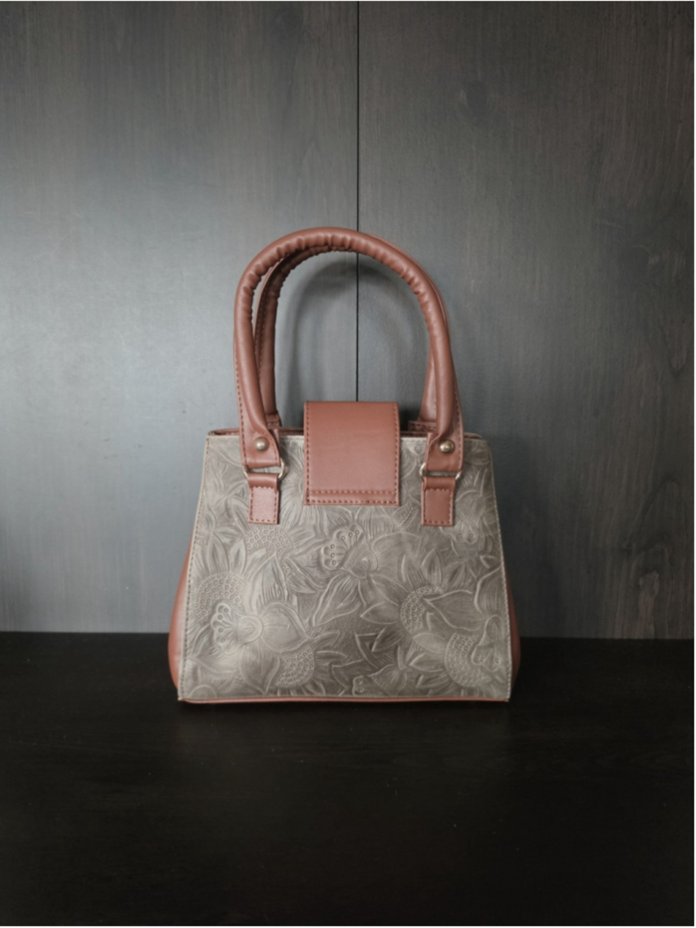 Gray Moss Green Tasseled Floral Embossed Tooled Artisan LEATHER Crossbody Purse - Picture 7 of 16